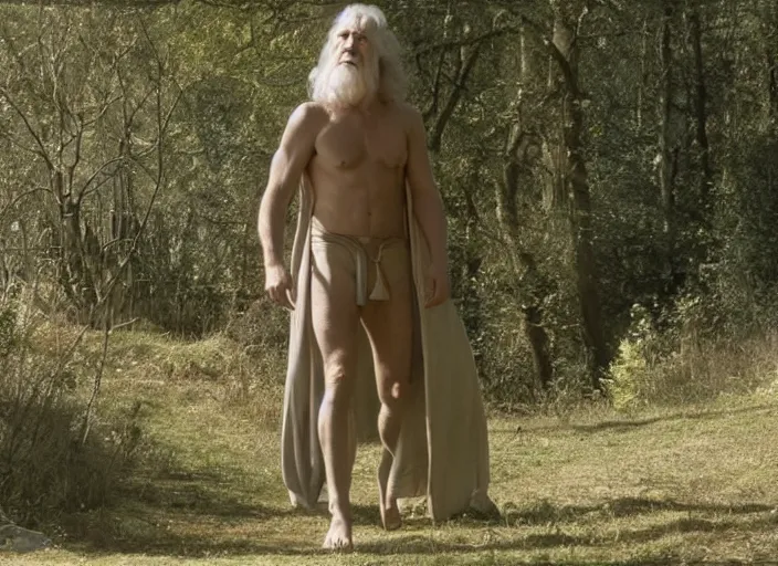 Prompt: shirtless gandalf walking in the shire