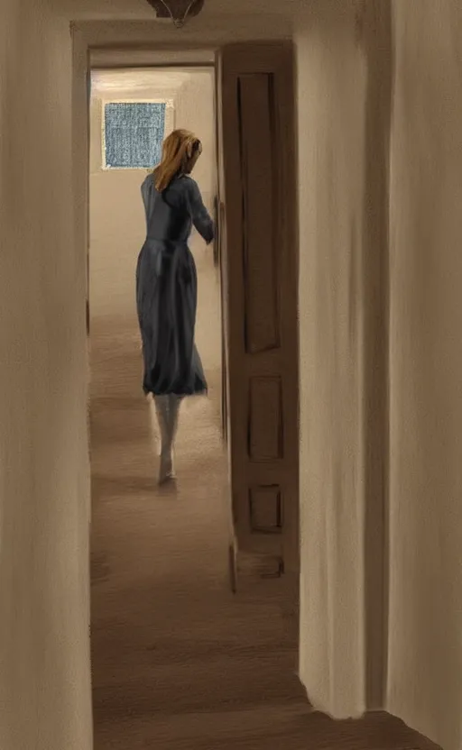 Image similar to servant girl walking in castle hallway, about to enter doorframe, half turned around, full body, realistic, digital painting