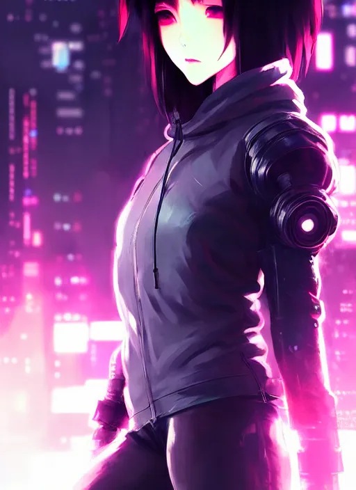 Image similar to cyberpunk anime girl in hoodie, grafity, neonpunk, alita, arcane, action, tokyo street, detail, good face, pose model, concept art, in style of yoji shinkawa, pan ren wei, col price, atey ghailan, by greg rutkowski, aesthetic