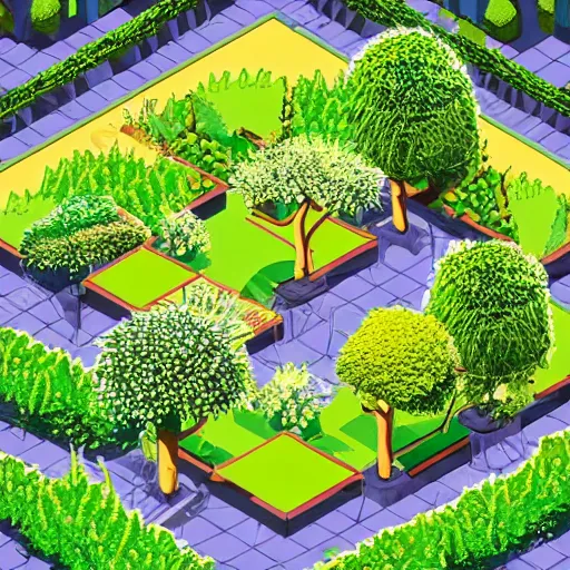 Prompt: beautiful isometric garden, trees and plants, futuristic, ideal, zen