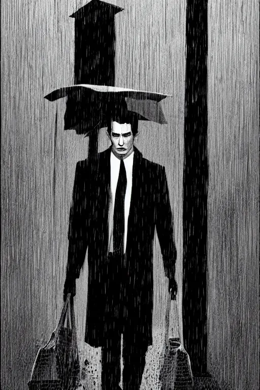 Prompt: black and white illustration of Patrick Bateman in a rainy street, neo noir style, Frank Miller creative design, Josep Tapiró Baró