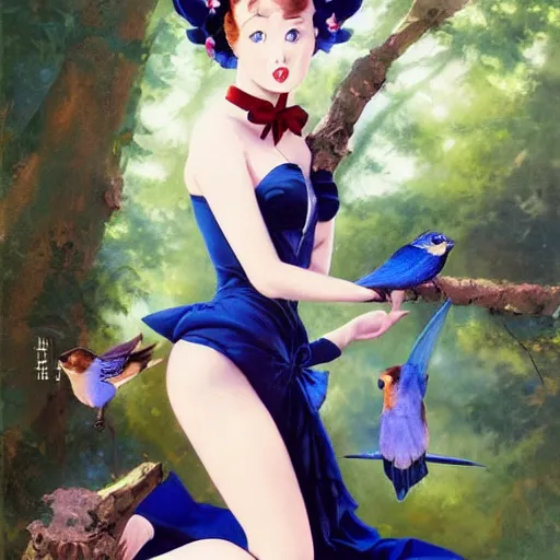 Image similar to anime pinup girl holding an indigo bunting, bird, the bird is wearing a bowtie, by greg rutkowski, rossdraws, gil elvgren, enoch bolles, anime, porcelain skin, very coherent