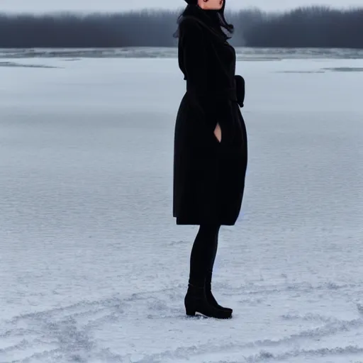 Image similar to a tall white girl with black hair and bangs wearing a black winter coat photographed in front of a frozen lake in Denmark, foggy blue weather, hd, 8k,