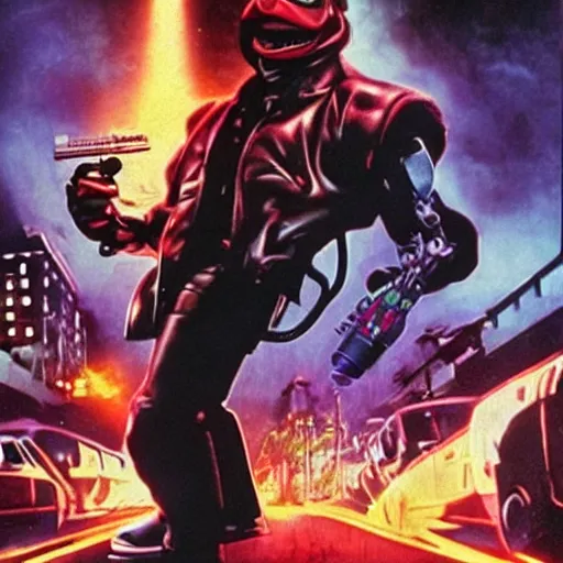 Prompt: The Terminator fighting against Kermit the frog, full head, style film