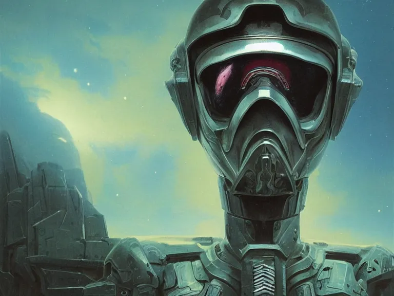 Image similar to a detailed profile painting of a bounty hunter in armour and visor, cinematic sci-fi poster. Spaceship high in the background. Flight suit, spartan armour faceplate anatomy portrait symmetrical and science fiction theme with lightning, aurora lighting clouds and stars. Clean and minimal design by beksinski carl spitzweg giger and tuomas korpi. baroque elements. baroque element. intricate artwork by caravaggio. Oil painting. Trending on artstation. 8k