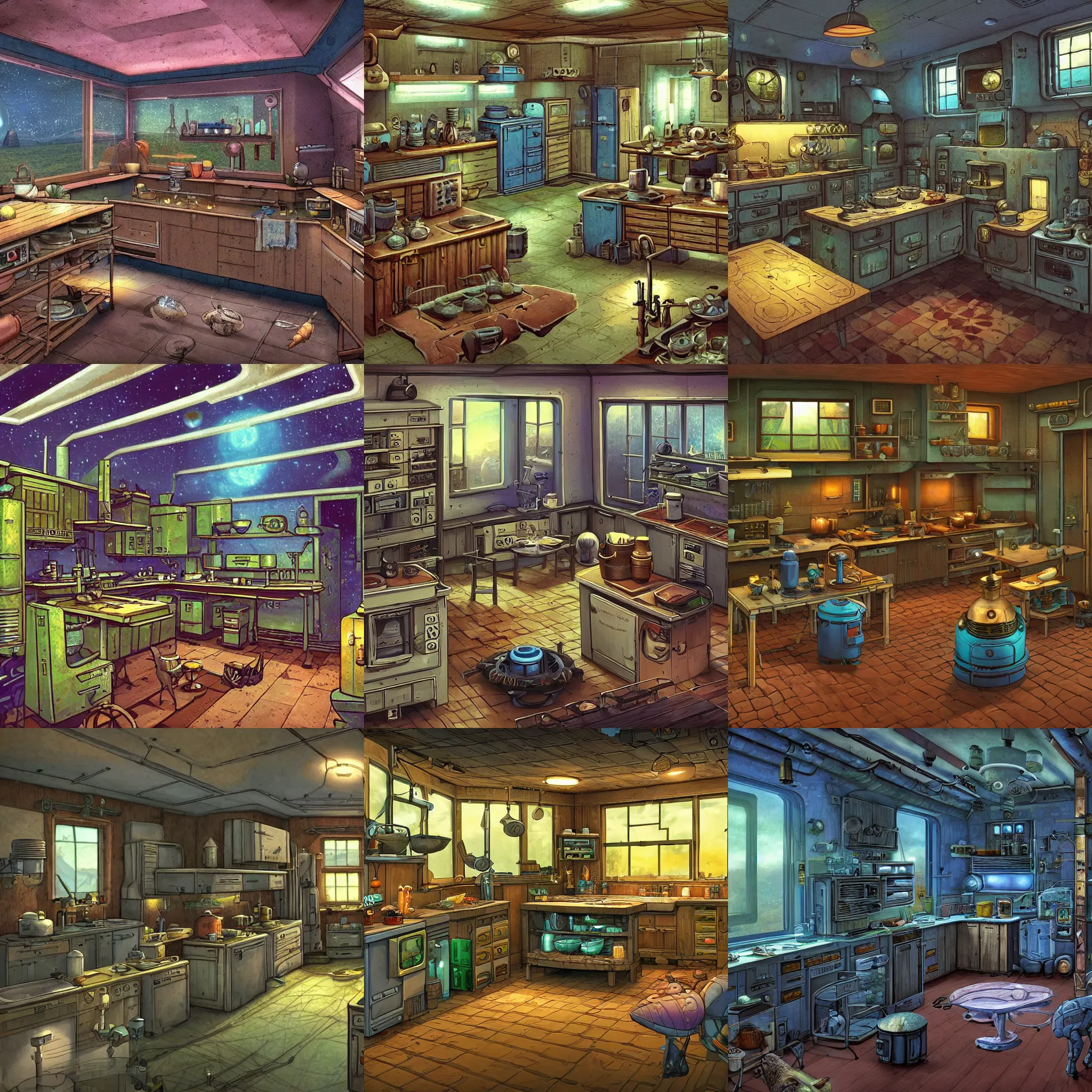 Prompt: a kitchen of a farm house, on a remote planet, uncluttered, with retro sci fi furniture, from a space themed point and click 2 d graphic adventure game, detailed, set design inspired slightly by hg giger, art inspired by thomas kinkade