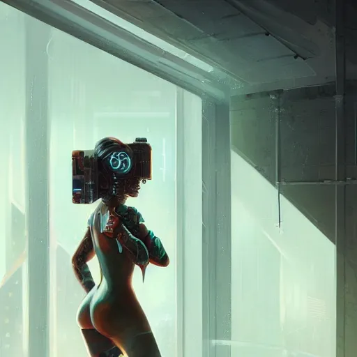 Prompt: portrait of cyberpunk woman looking out of a window, cyberpunk setting, futuristic, highly detailed, intricate lighting, digital painting, sharp focus, illustration, trending on artstation, art by peter mohrbacher.