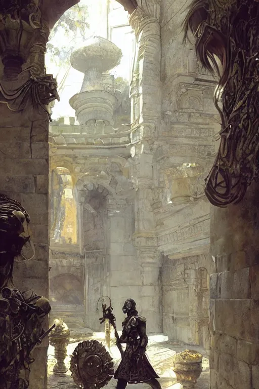 Image similar to an biomechanical palace guard walking through the byzantine courtyard by anders zorn, wonderful, mandelbulb, dynamic, masterpiece by greg rutkowski, beautiful cinematic light, by greg manchess, jessica rossier