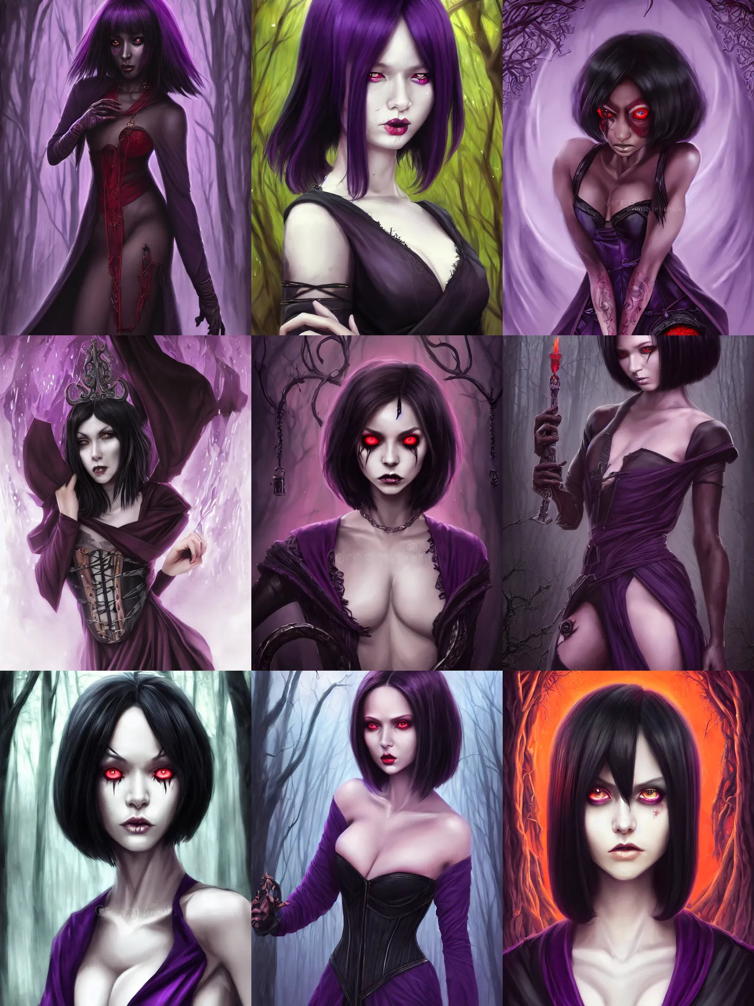 Image similar to full portrait of a dark fantasy female necromancer, black skin, skinny, saggy purple robes, pretty, black bob haircut, red eyes, circlet, corset, finesse, key visual, realistic shaded perfect face, gloom, fine details, forest background, smooth, highly detailed, digital illustration, by artgerm, rossdraws, frank franzzeta