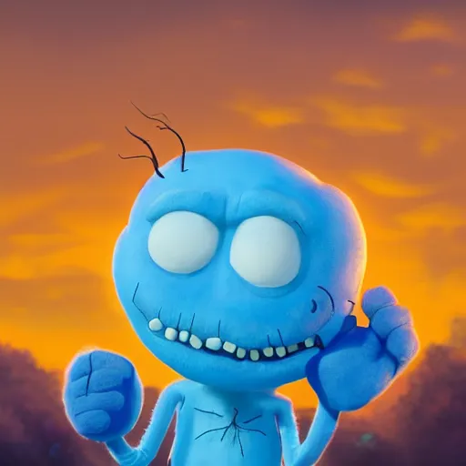 Prompt: portrait of a photorealistic version of mr meeseeks, golden hour, detailed matte painting, cinematic, in the style of Simon Dewey, artstation,