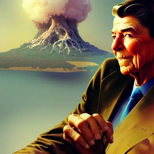 Image similar to Ronald Reagan pondering nuclear destruction over a sugar free werthers, highly detailed, digital painting, artstation, concept art, smooth, sharp focus, illustration, art by artgerm and greg rutkowski and alphonse mucha and loish and WLOP