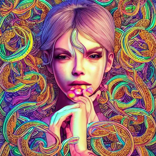 Image similar to the portrait of a ridiculously beautiful and pretty woman partially made of onion rings of all colors looking up, an ultrafine detailed illustration by james jean, final fantasy, intricate linework, bright colors, behance contest winner, vanitas, angular, altermodern, unreal engine 5 highly rendered, global illumination, radiant light, detailed and intricate environment