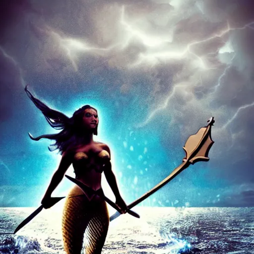 Prompt: A mythical mermaid warrior wielding her sword and shield in the middle of the ocean with a storm in the background, with a blue atmosphere-n 4