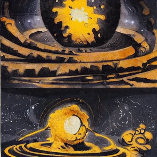 Image similar to A beautiful collage of a black hole consuming a star. by Ossip Zadkine, by Ian McQue improvisational