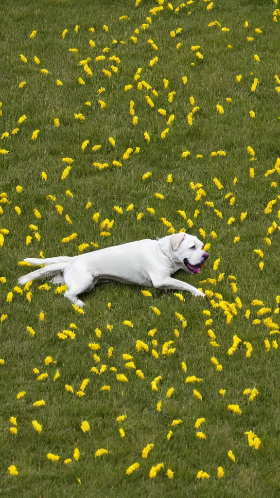 Prompt: A white and yellow dog was rolling in the field,Stick figure style.