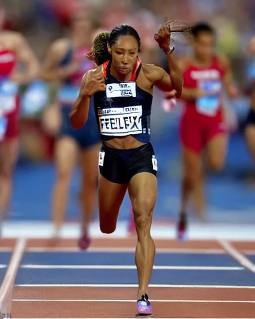 Prompt: allyson felix, crouching at the 2 0 0 - meter starting line, hyperreal, sports photography in the style of neil leifer