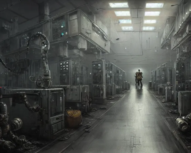 Prompt: gloomy ruined server room in datacenter robot figure automata rusty steel robot knight colossus welder pacing fixing soldering mono sharp focus, emitting diodes, smoke, artillery, sparks, racks, system unit, motherboard, by pascal blanche rutkowski repin artstation hyperrealism painting concept art of detailed character design matte painting, 4 k resolution blade runner