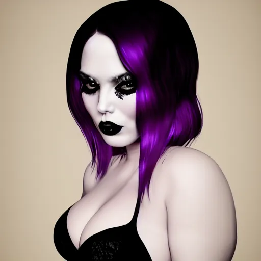 Image similar to portrait of a curvy feminine hot pale goth woman with elaborate, elegant, sophisticated, tight nylon, lace and silk dress, black lipstick, purple makeup, cgsociety, realistic, highly detailed, sublime, 16k, smooth, sharp focus, trending on ArtStation, hyperdetailed, volumetric lighting