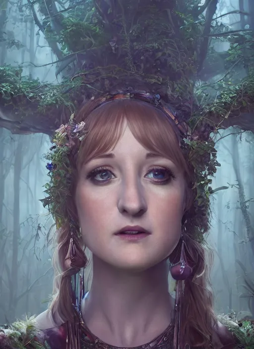 Image similar to Beautiful art portrait of Melissa Rauch as a fantasy gothic priestess in a bright temple surrounded by lush forest, atmospheric lighting, intricate detail, cgsociety, hyperrealistic, octane render, RPG portrait, ambient light, dynamic lighting