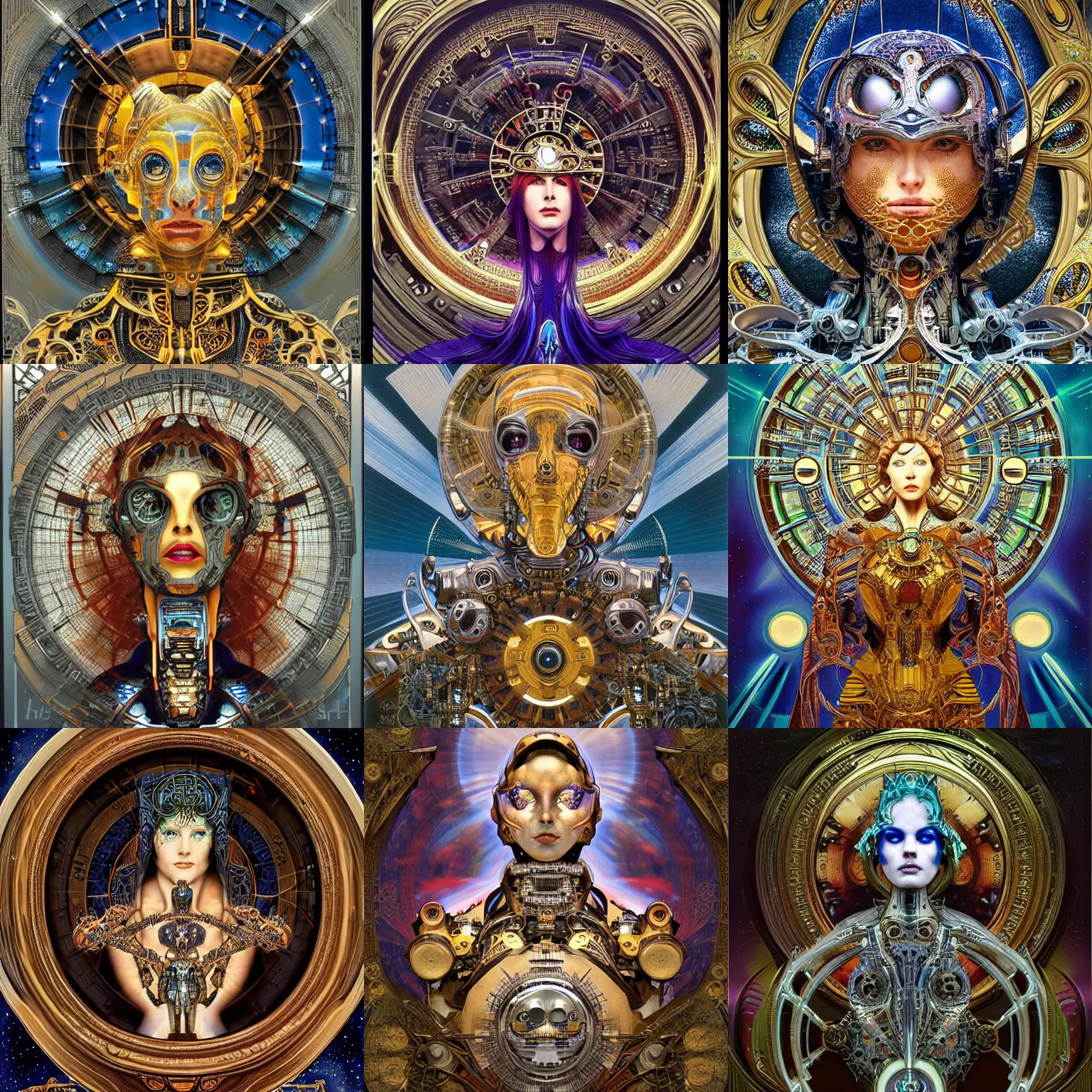 Prompt: portrait of divine robot made with plasteel by Jeff Easley and Peter Elson + beautiful eyes, beautiful face + symmetry face + border and embellishments inspiried by alphonse mucha, fractal machines in the background, galaxy + baroque, neogothic, surreal + highly detailed, intricate complexity, epic composition, magical atmosphere + masterpiece, award winning + trending on artstation