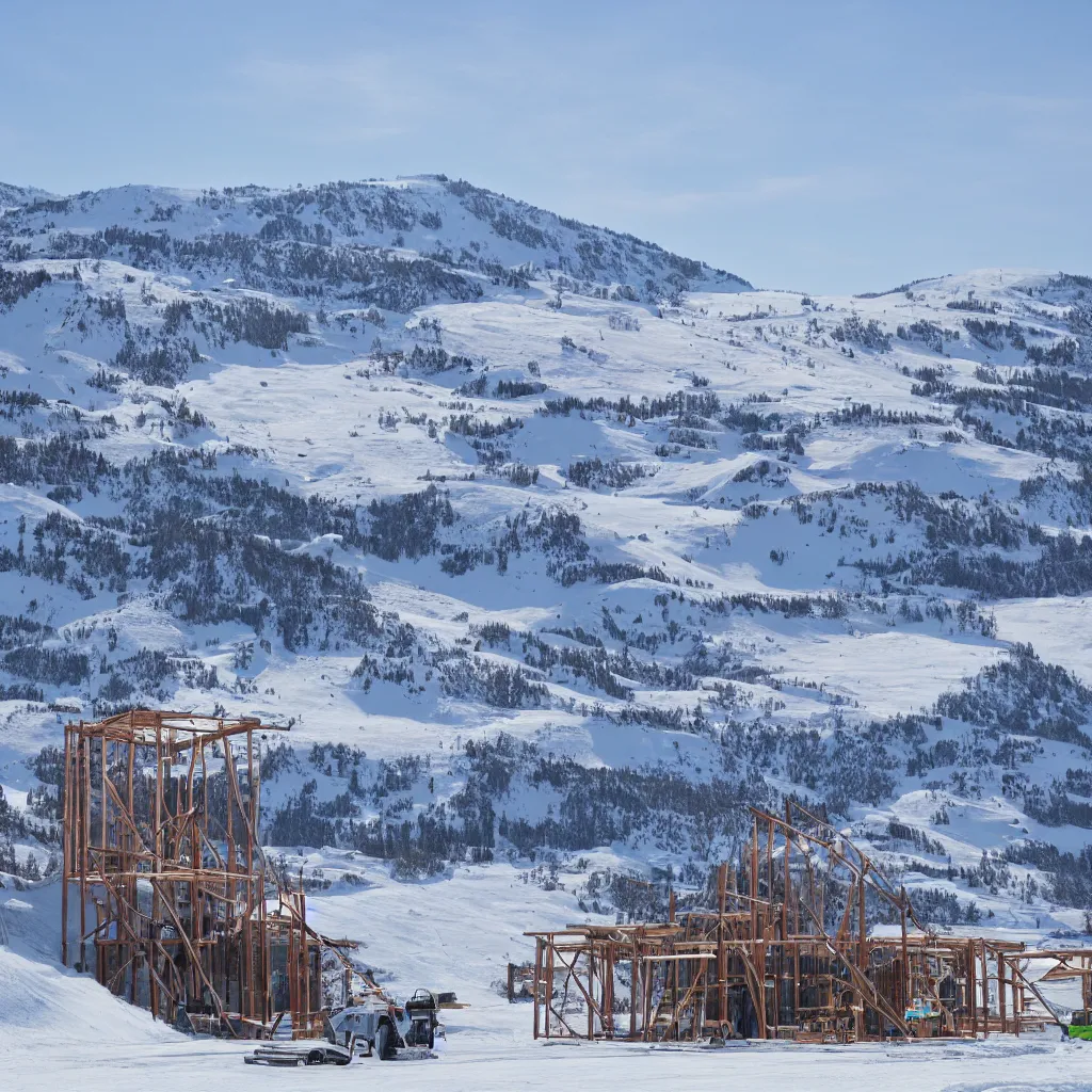 Image similar to ski station construction, clear weather, 8 k,