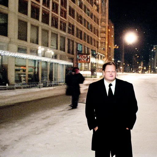 Image similar to 1 9 9 8 andy richter wearing a black suit and necktie standing on the streets of chicago at night in winter.