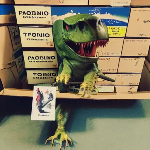 Image similar to polaroid photo of t - rex 🦖 stealing packages