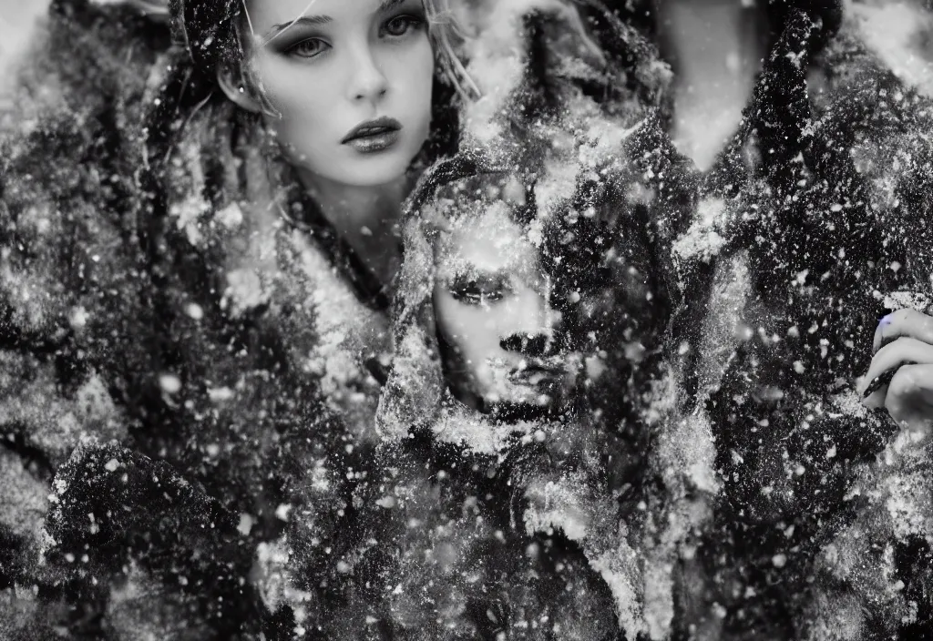 Image similar to fashion editorial in snow avalanche. highly detailed. depth of field. high definition. 8k. photography.