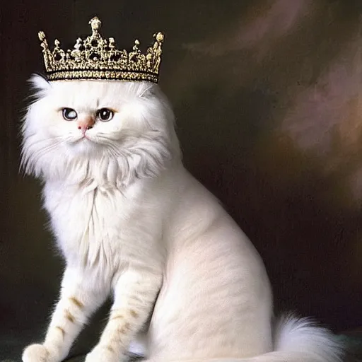 Prompt: a royal portrait of a ragdoll cat dressed up as the Queen of England