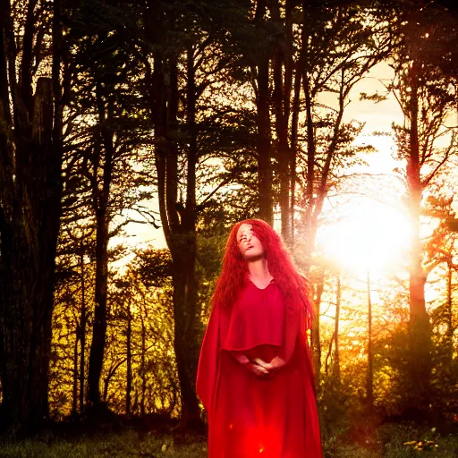 Image similar to Beautiful red haired warrior priestess, sunset, backlit, photograph, Sony A7III, 35mm, f2,5