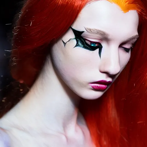 Image similar to a beautiful portrait of young katarina ivanovska as poison ivy from batman and a model at maybelline fashion show as a model spring / summer 2 0 1 8, highly detailed, in the style of cinematic, milan fashion week backstage, extreme close up, makeup by pat mcgrath, hair by guido palau, greg rutkowski