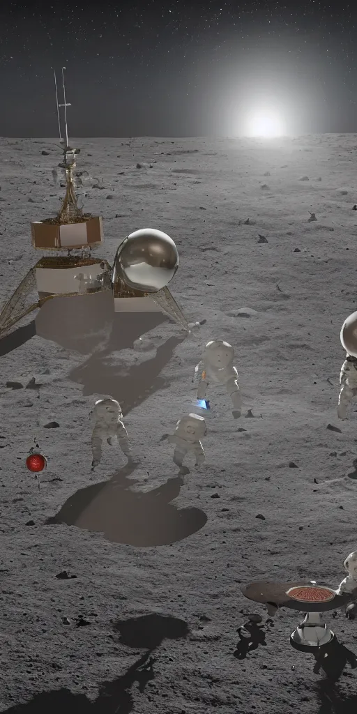 Prompt: concept art, chinese astronauts landing on the moon, backlight, background is lunar crater, earth, starry sky, meteorite crater, lunar module, f 3 2, high detail, octane rendering, unreal engine.