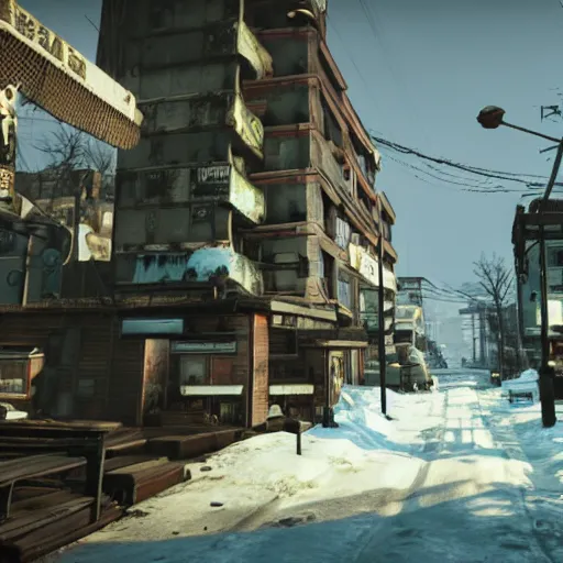 Image similar to Sapporo in the winter in ruins post-nuclear war in Fallout 4, in game screenshot