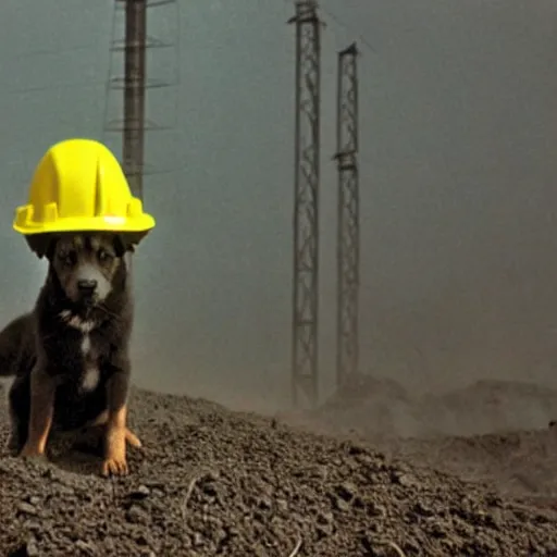 Prompt: puppy working in a dusty coal mine, wearing hard hat, fog, photo from 1 9 9 8,