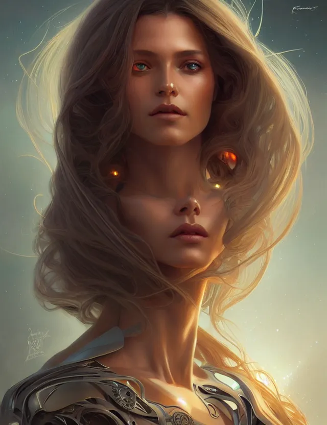 Image similar to futuristic woman portrait, sci-fi, amber eyes, face, long hair, fantasy, intricate, elegant, highly detailed, digital painting, artstation, concept art, smooth, sharp focus, illustration, art by artgerm and greg rutkowski and alphonse mucha