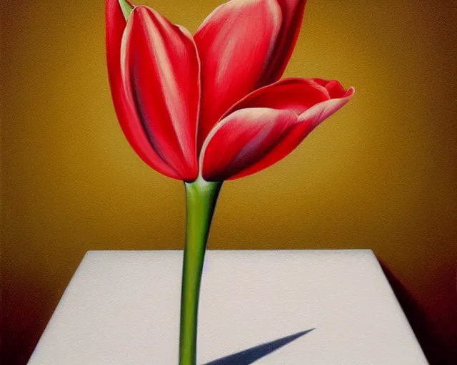 Image similar to rule of thirds inside the tulip on a table, an ultrafine detailed painting by rafal olbinski, behance contest winner, pop surrealism, detailed painting, very detailed, minimalist, skeuomorphic, airbrush art