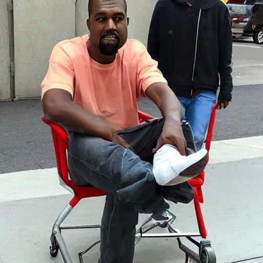 Prompt: kanye west sitting in a shopping cart grinning