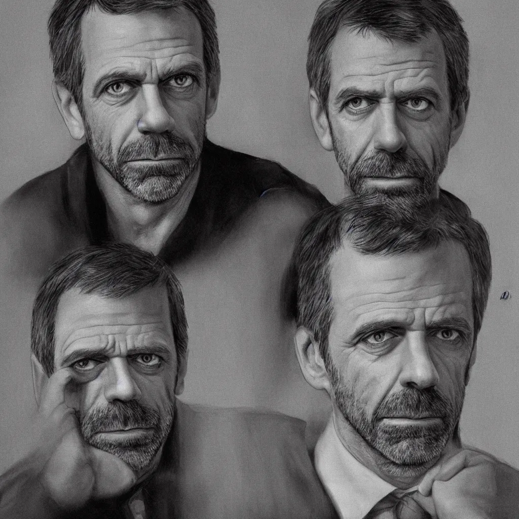 Image similar to Dr. House with grumpy face looking at the camera, portrait