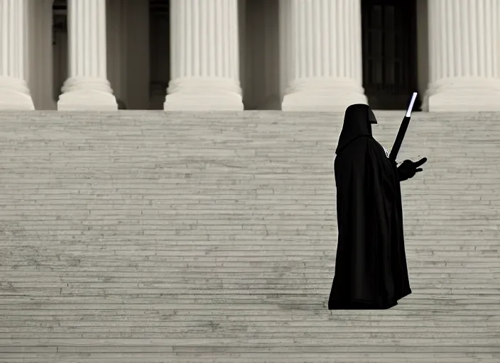 Prompt: death gives inaugural address on the steps of the capitol, 3 5 mm photography, highly detailed, cinematic lighting, standing pose, fully body shot, holding lightsaber 4 k