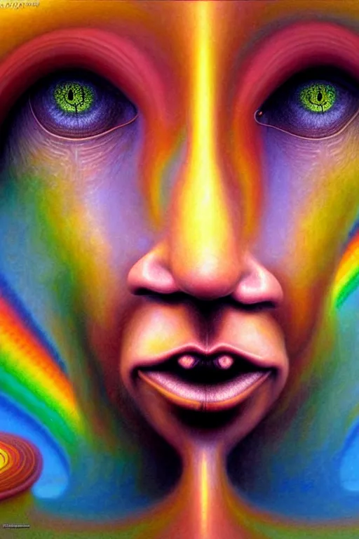 Image similar to hyperrealistic abstract close-up Renaissance psychedelic!! celestial happy! pure creature!! peaceful! kind spirit of nature! beautiful fractal!! eyes! highly detailed concept art eric zener elson peter cinematic hard rainbow lighting high angle hd 8k sharp shallow depth of field endless, inspired by Zdzisław Beksiński Salvador Dali