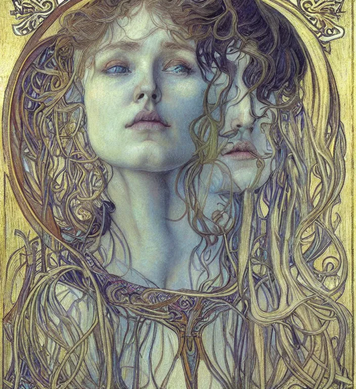 Image similar to detailed realistic beautiful young medieval queen face portrait by jean delville, alphonse mucha, vincent van gogh, and marco mazzoni, art nouveau, symbolist, visionary, gothic, pre - raphaelite