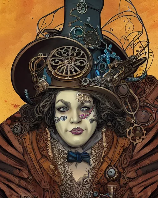 Prompt: a detailed portrait illustration of a steampunk necromancer. beautiful obese female face. art nouveau, pop art, comic book style. influenced by neil gaiman, h. p. lovecraft, dan mumford, karol bak, vadim voitekhovitch, killian eng, ross tran, cedric peyravernay.