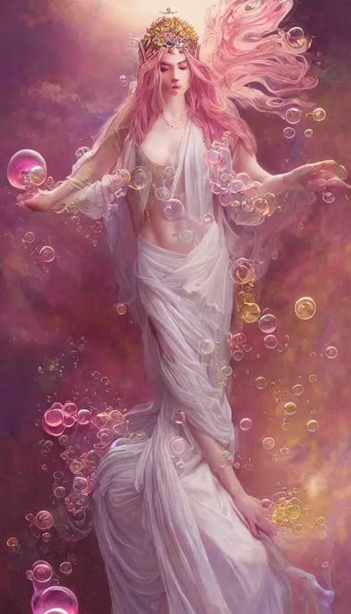 Prompt: portrait of magical dream goddess, ethereal, expressive pose, pink eyes, peaceful expression, ornate frilly dress, fantasy, intricate, elegant, many rainbow bubbles, highly detailed, digital painting, artstation, concept art, smooth, sharp focus, illustration, art by artgerm and greg rutkowski and alphonse mucha
