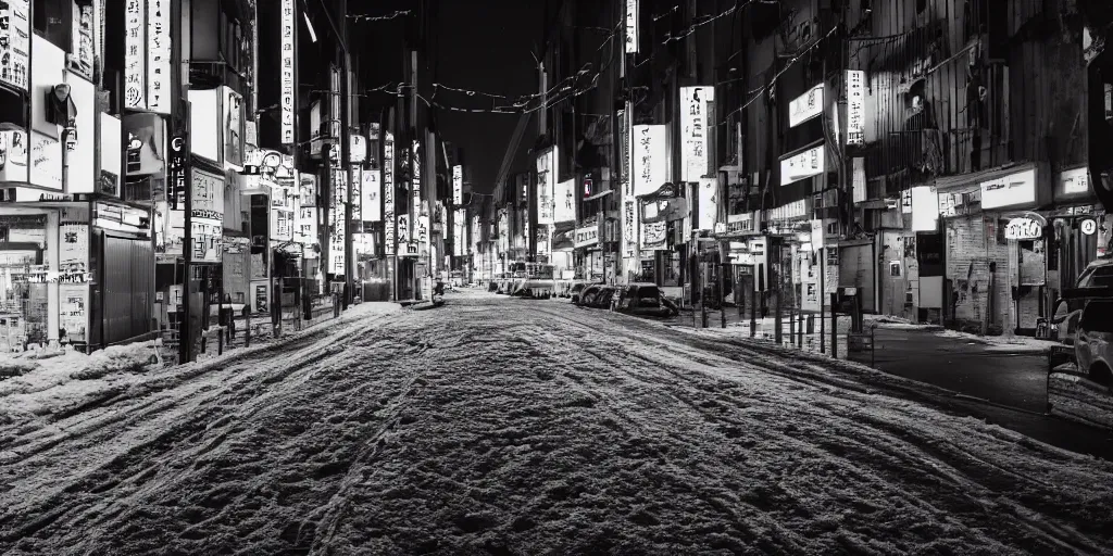 Image similar to a city street at night, snowing, photograph, cyberpunk, sharp focus, intricate detail, Desolate, drone shot, high resolution, 8k, neon streetlights, wires hanging down everywhere, Japan