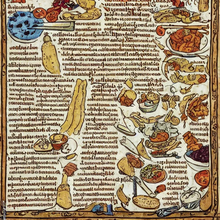 Prompt: middle age illustrated recipe for burrito ( ( ( ( burrito ) ) ) ) lot of medieval enluminures in the background explaining the recipe, schematic in a notebook