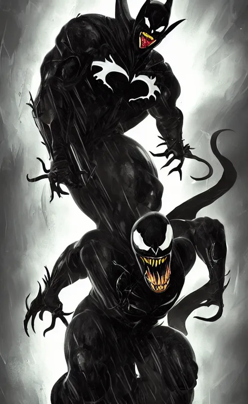 Image similar to venom as batman, dynamic lighting, photorealistic fantasy concept art, trending on art station, stunning visuals, terrifying, creative, cinematic