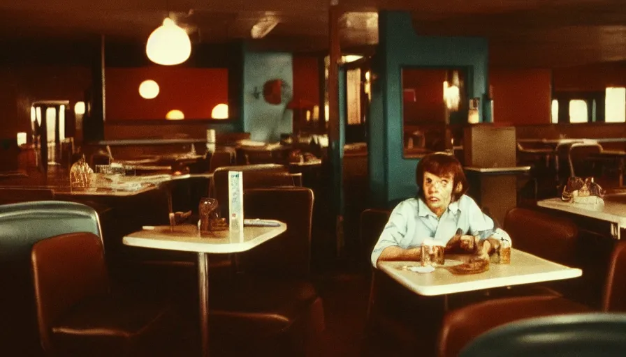 Prompt: 7 0 s film still from a horror movie of one person sitting at an empty diner, kodachrome, cinecolor, cinestill, film grain, film texture, retro, cinematic, high resolution, photorealism,