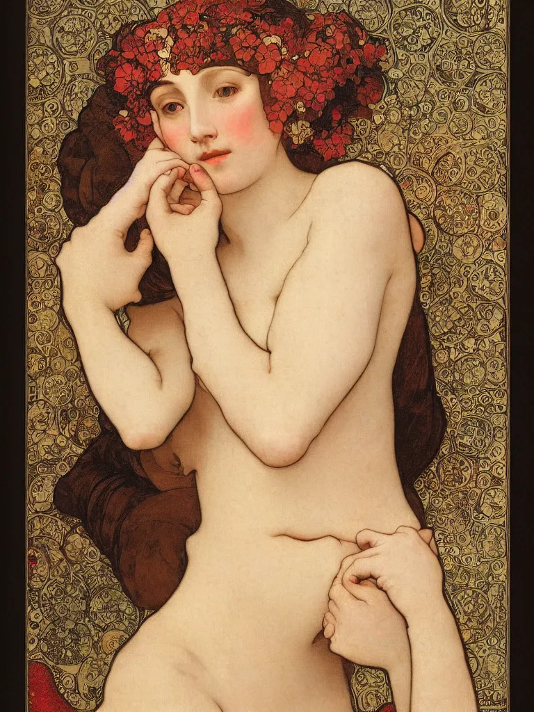 Prompt: portrait of a beautiful young woman, skin covered in Hungarian Embroidery, by Mucha, by Caravaggio