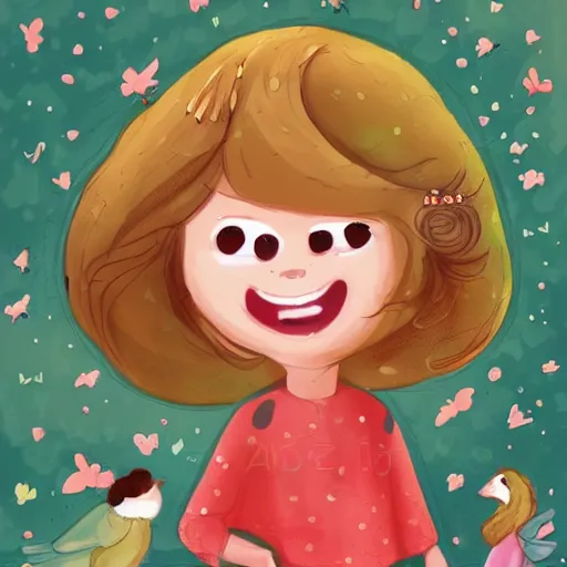 Prompt: a beautiful storybook illustration of cute little girl smiling with the little cute birds flying around her head, trending on artstation