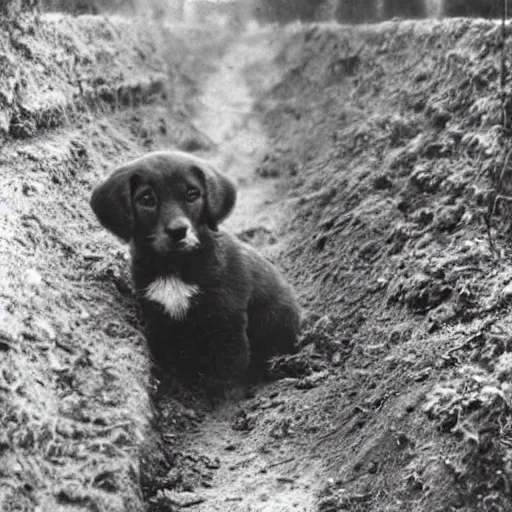 Image similar to Puppy in ww1 trench, war photo, film grain